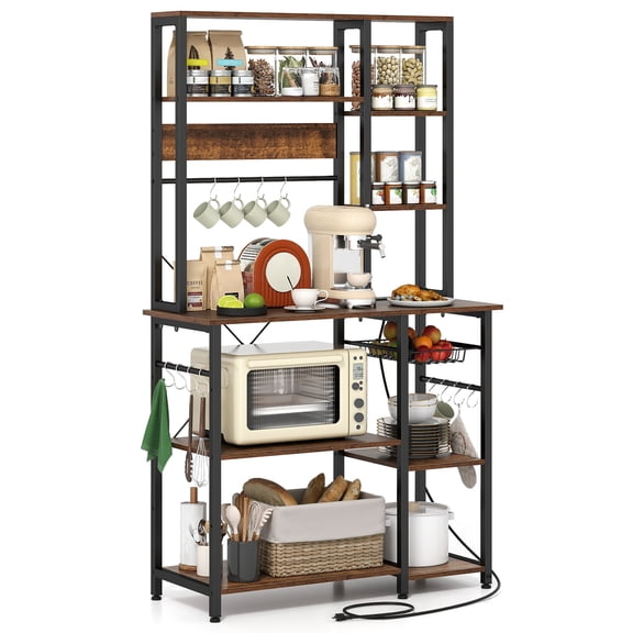 Gymax Bakers Rack w/ Power Outlet 6-Tier Microwave Stand w/ Wooden Open Shelves