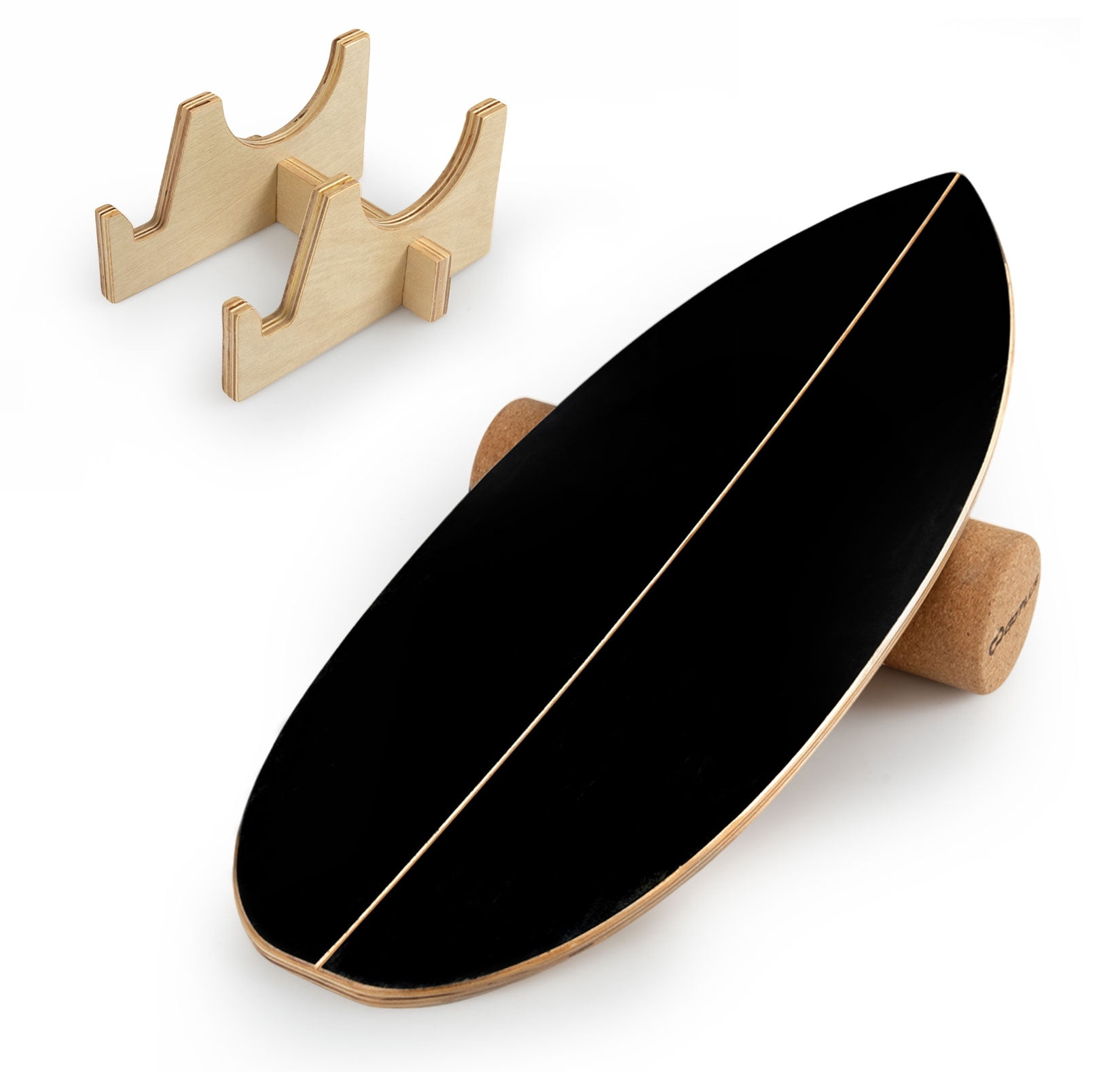 Gymax Balance Board Trainer Wooden Balancing Board w/Cork Roller & Storage Rack Black & Natural