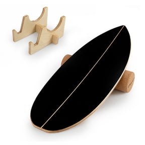 Gymax Balance Board Trainer Wooden Balancing Board w/Cork Roller & Storage Rack Black & Natural
