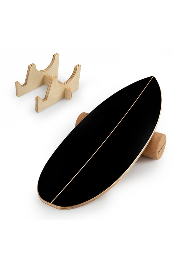 Balance Board Trainer Wooden Balancing Board w/Cork Roller & Storage Rack Black & Natural