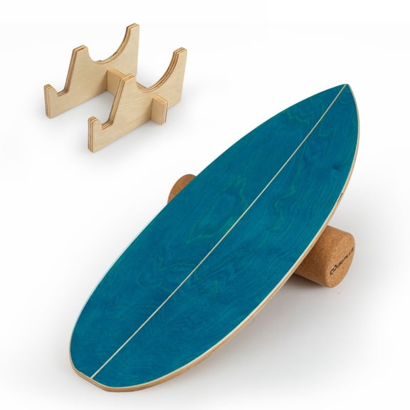 Gymax Balance Board Trainer Wooden Balancing Board w/Cork Roller & Storage Rack Blue & Natural