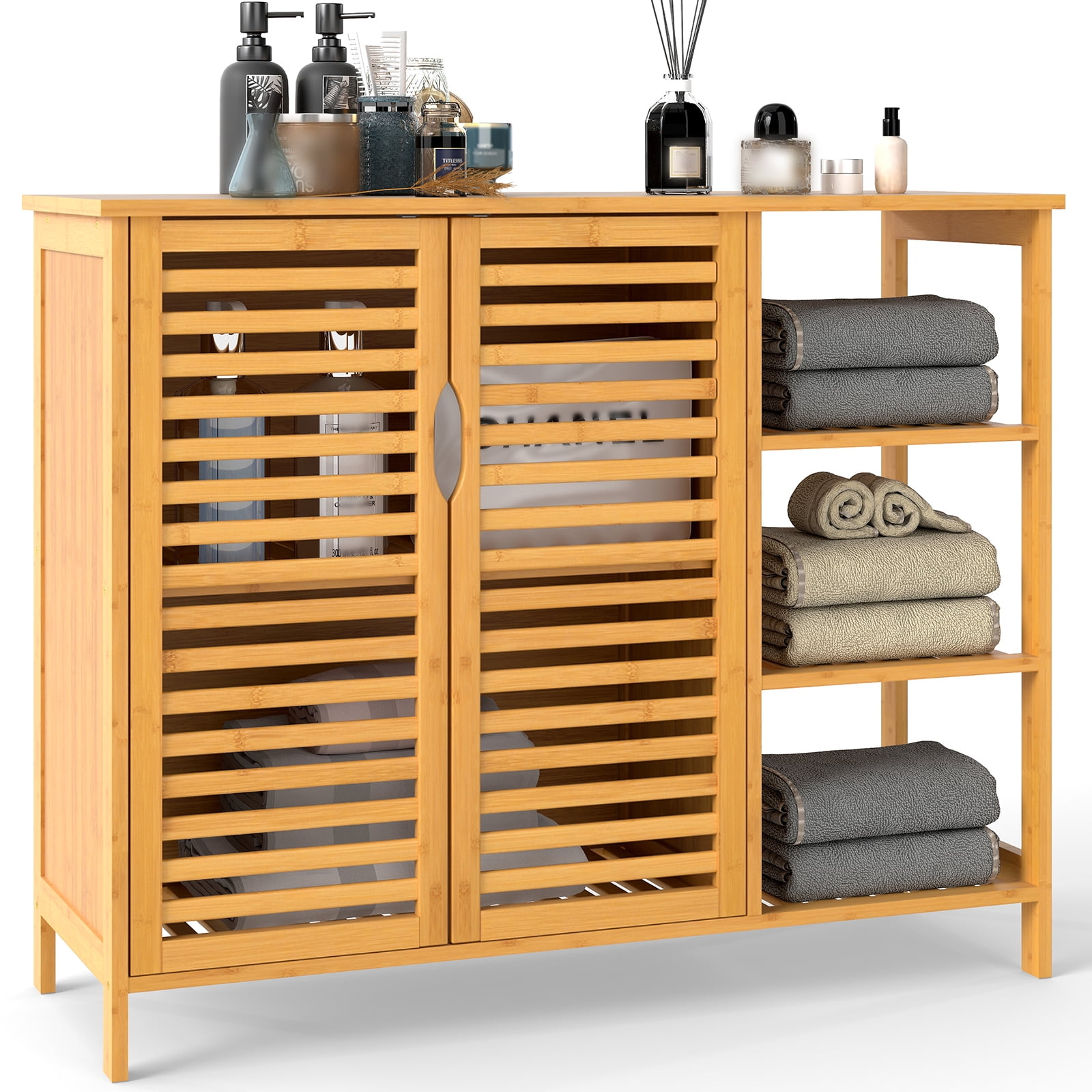 Gymax Bamboo Bathroom Cabinet 2-Door Storage Organizer w/ Shelves Natural