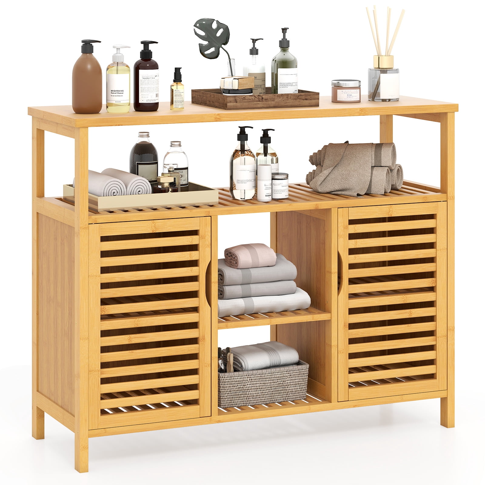Gymax Bamboo Bathroom Cabinet 2-Door Storage Organizer w/ Shelves for Living Room