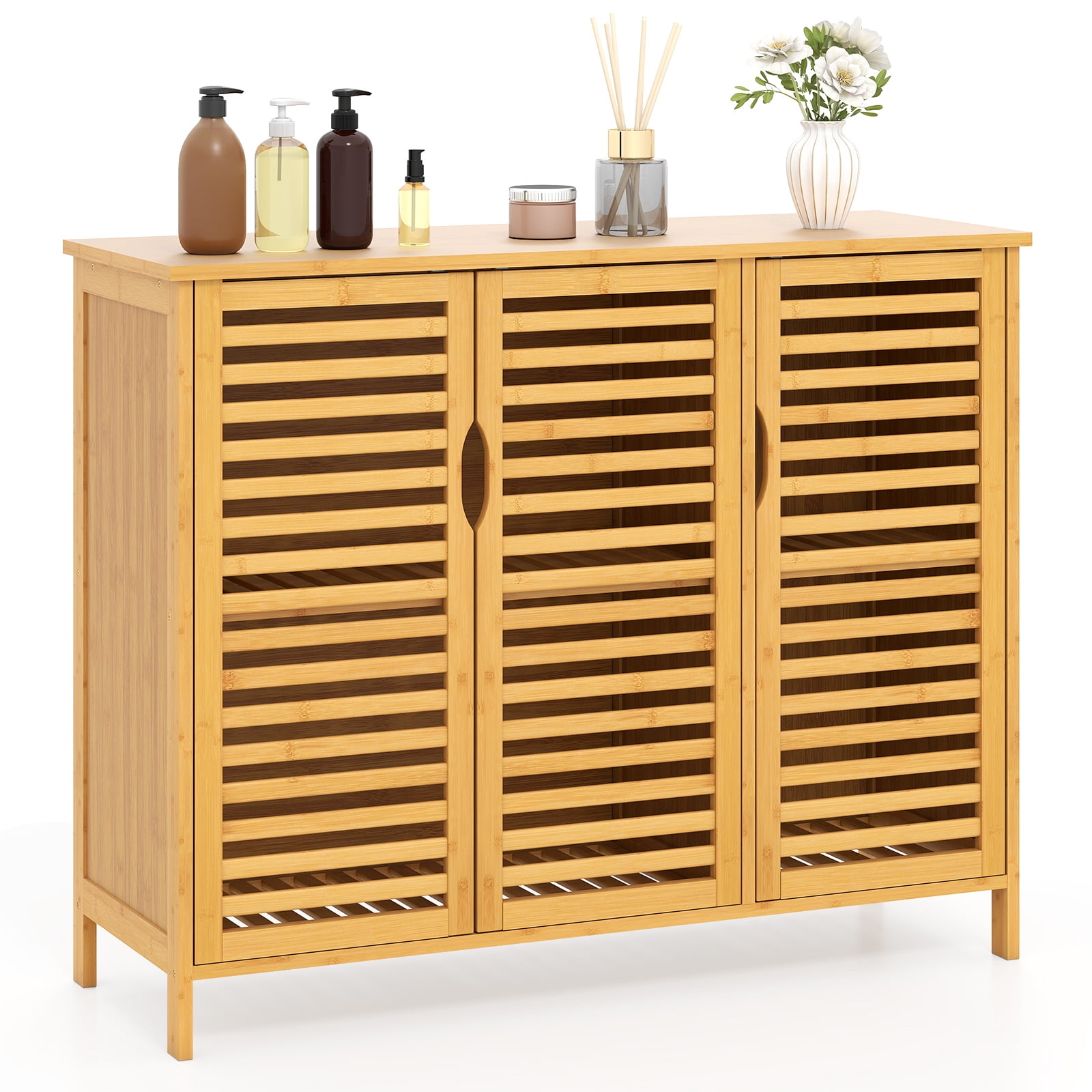 Gymax Bamboo Bathroom Cabinet 3-Door Storage Organizer w/ Shelves Natural