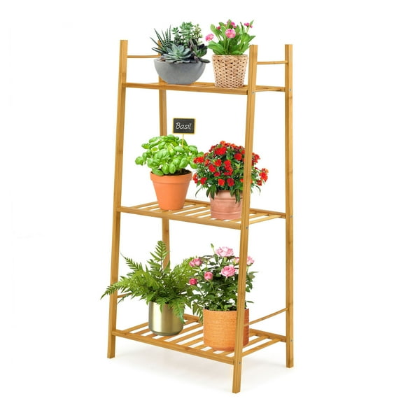 Gymax Bamboo Plant Stand 3 Tiers Plant Rack Vertical Tiered Plant Ladder Shelf Natural