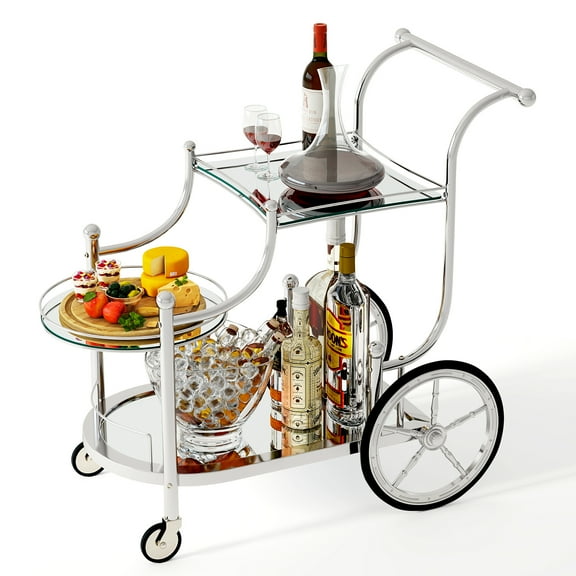 Gymax Bar Cart 3-Tier Home Bar Serving Cart on Wheels w/ Mirrored Shelves