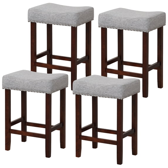 Gymax Bar Stools Counter Height Saddle Seat Kitchen Chairs with Wooden Legs, Gray/ Brown (Set of 4)