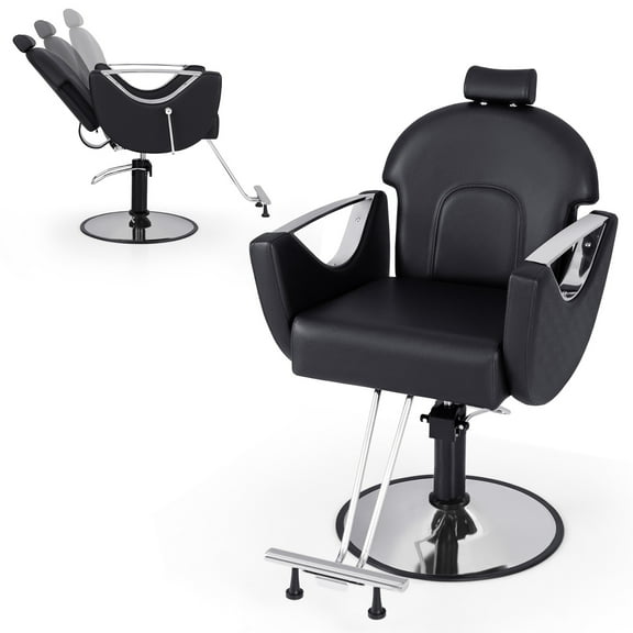 Gymax Barber Chair Reclining Salon Chair for Hair Stylist w/ Adjustable Height Headrest Black