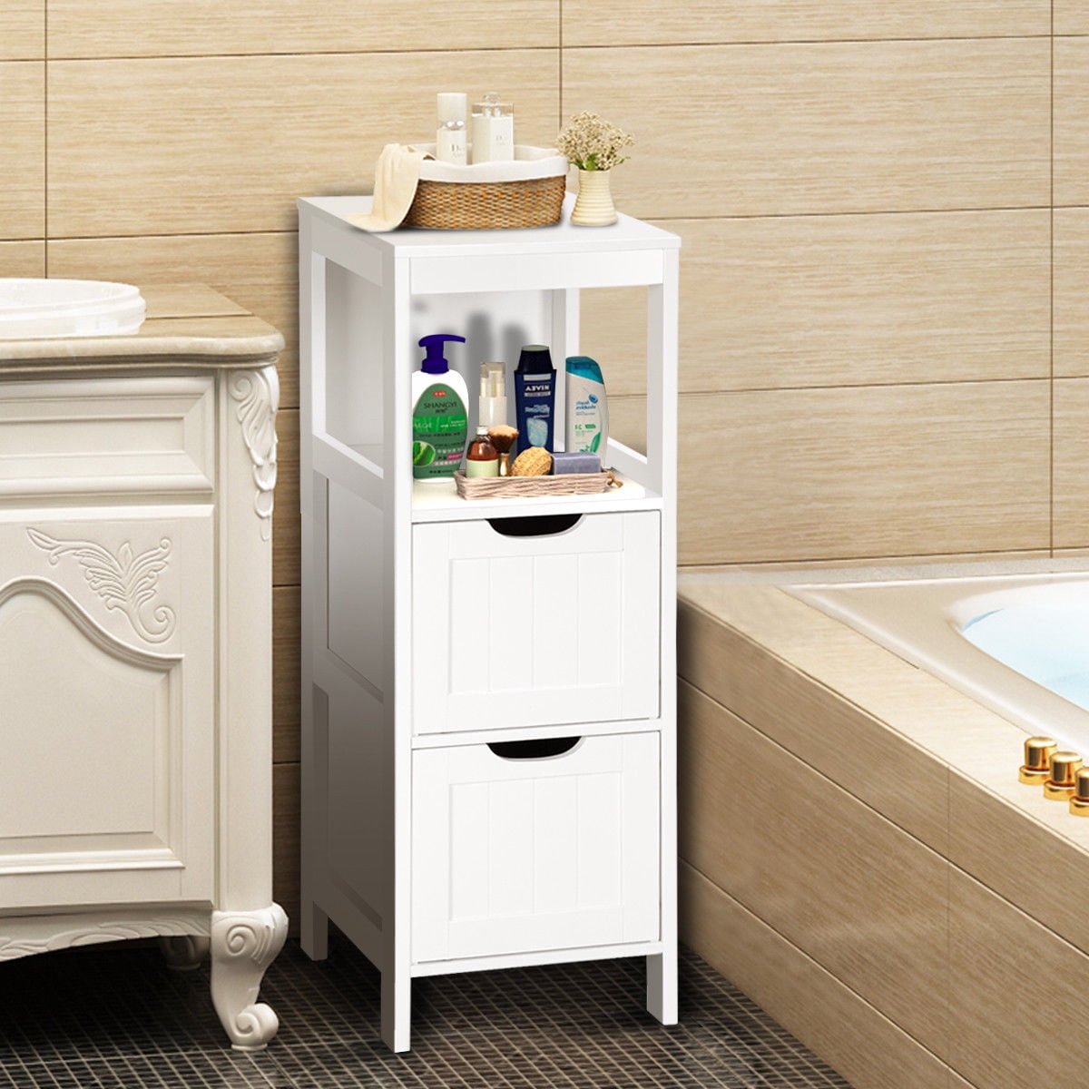 Gymax Bathroom Floor Cabinet Multifunctional Bathroom Storage Organizer ...