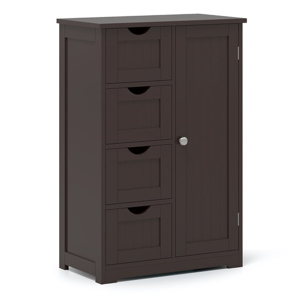 Gymax Bathroom Floor Storage Cabinet Wooden Freestanding Bathroom Storage Unit w/ 1 Door & 4 Drawers Brown