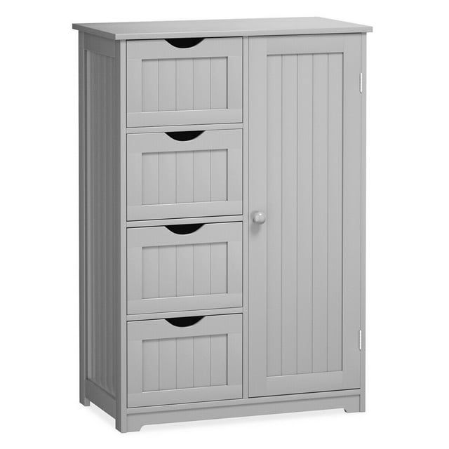 Gymax Bathroom Floor Cabinet Storage Organizer Cupboard w/ 4 Drawers Adjustable Shelf Grey