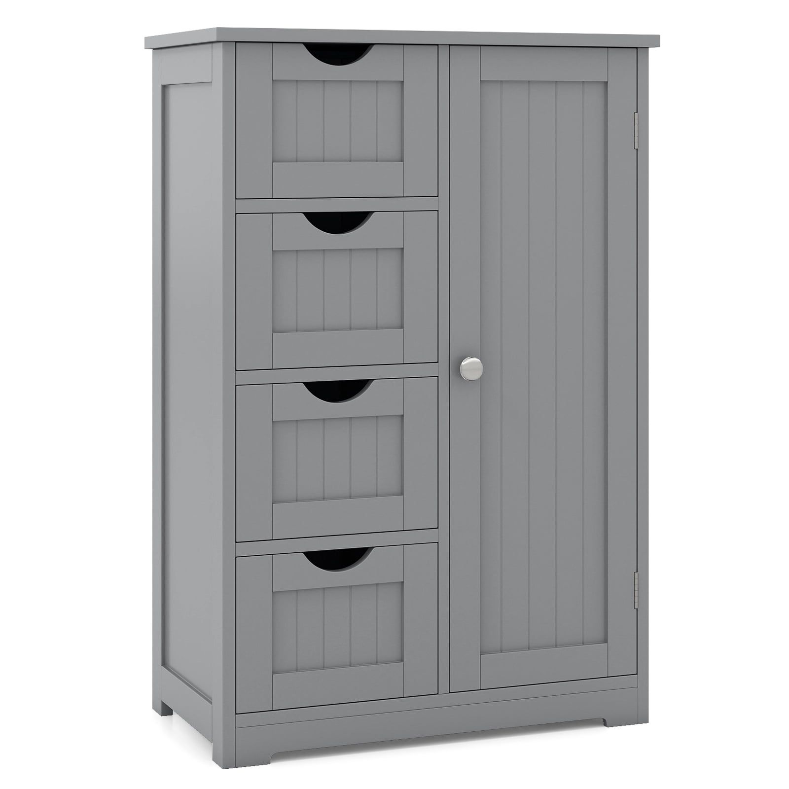 Gymax Bathroom Floor Storage Cabinet Wooden Freestanding Bathroom Storage Unit w/1 Door & 4 Drawers Grey