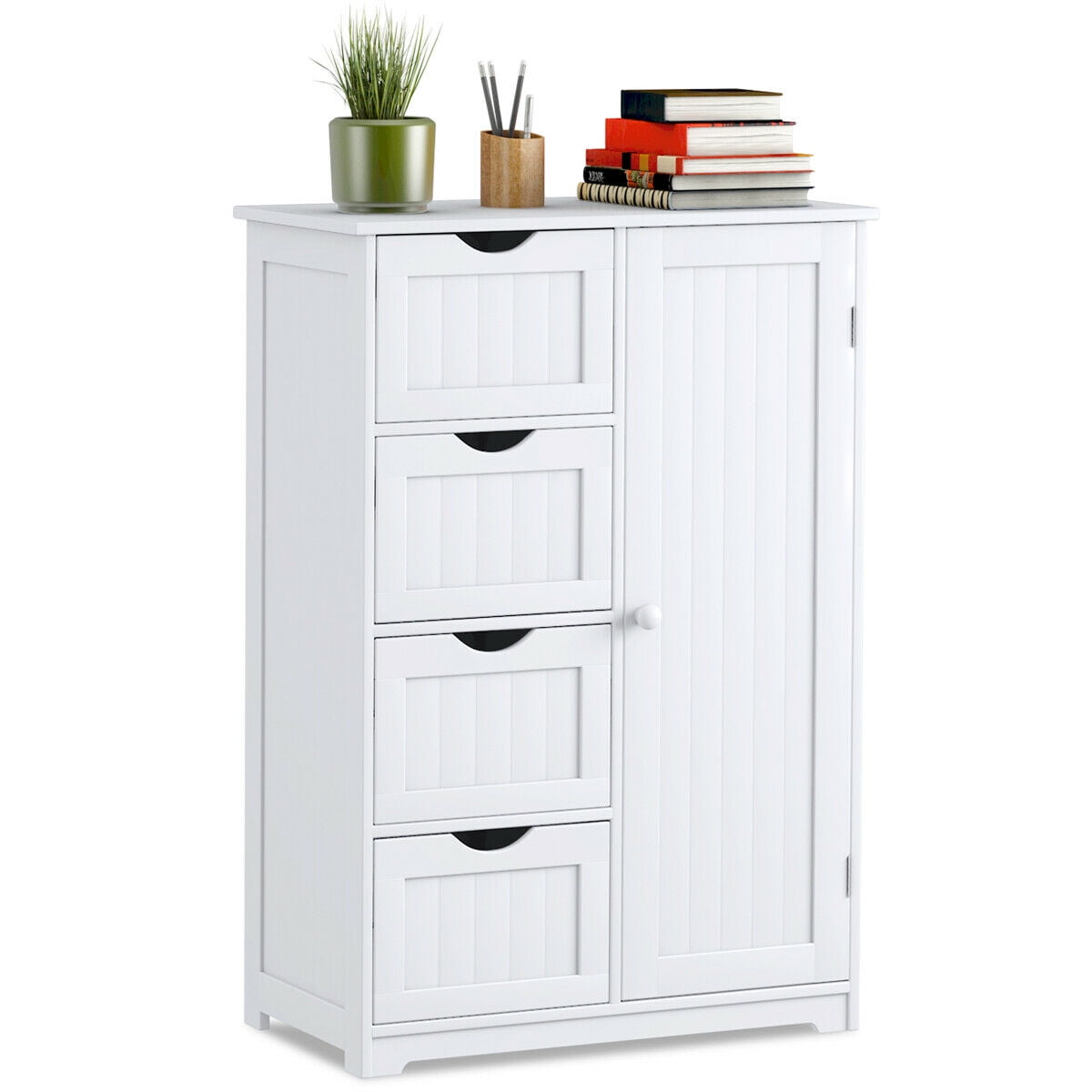 Gymax Bathroom Floor Cabinet Storage Organizer Cupboard w 4 Drawers Adjustable Shelf White
