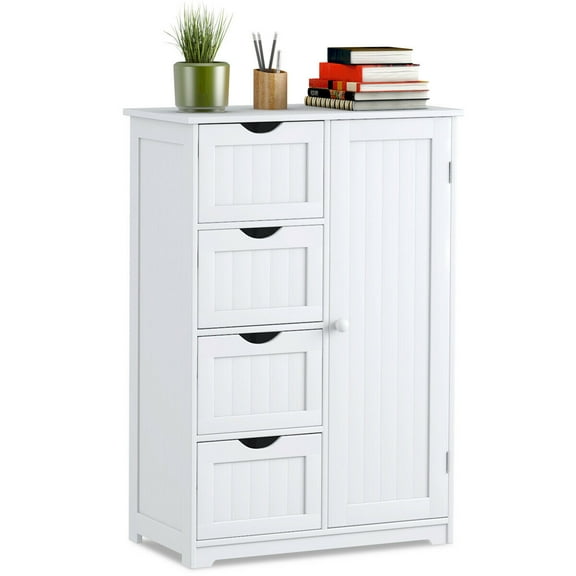 Gymax Bathroom Floor Cabinet Storage Organizer Cupboard w/ 4 Drawers Adjustable Shelf White