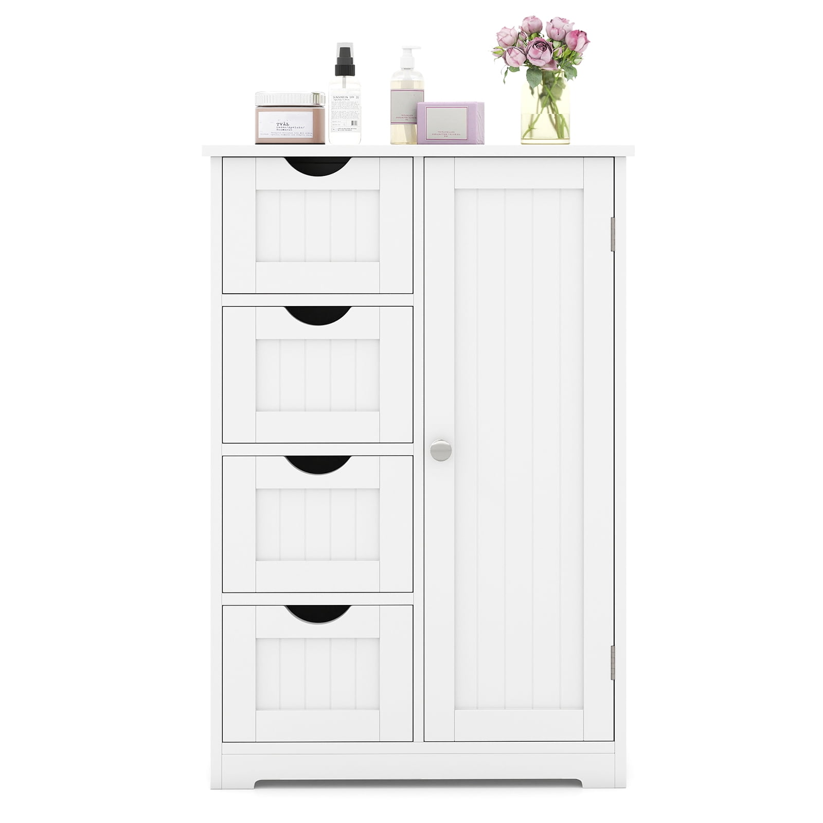 Gymax Bathroom Floor Storage Cabinet Wooden Freestanding Bathroom Storage Unit w/ 1 Door & 4 Drawers
