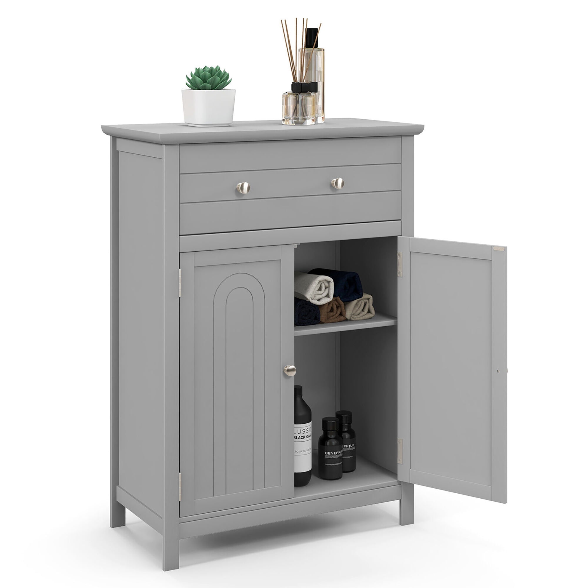 Gymax Bathroom Floor Cabinet Wooden Storage Organizer with Drawer & Doors Blcak