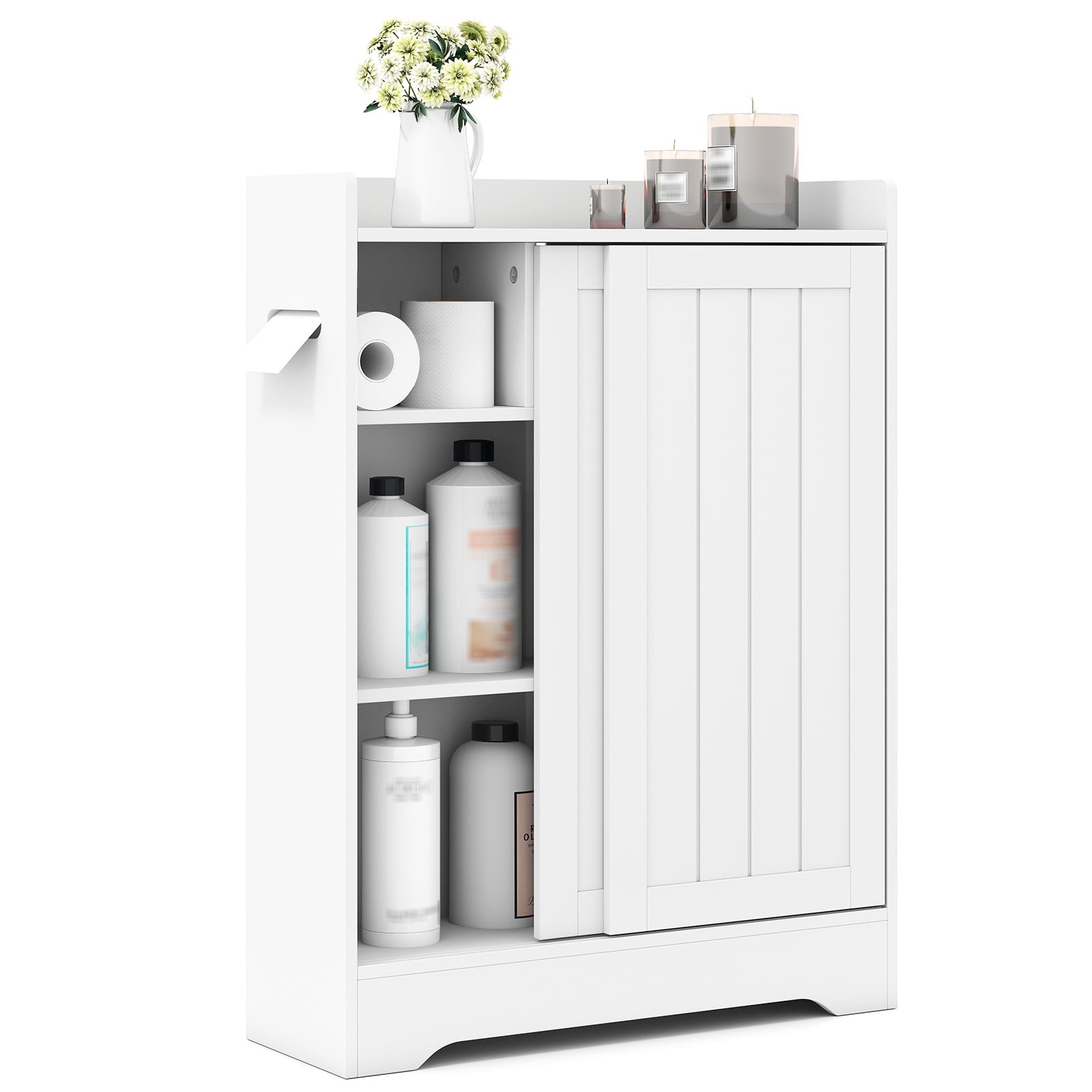 Gymax Bathroom Floor Cabinet w/2 Sliding Doors & Adjustable Shelves for Small Spaces