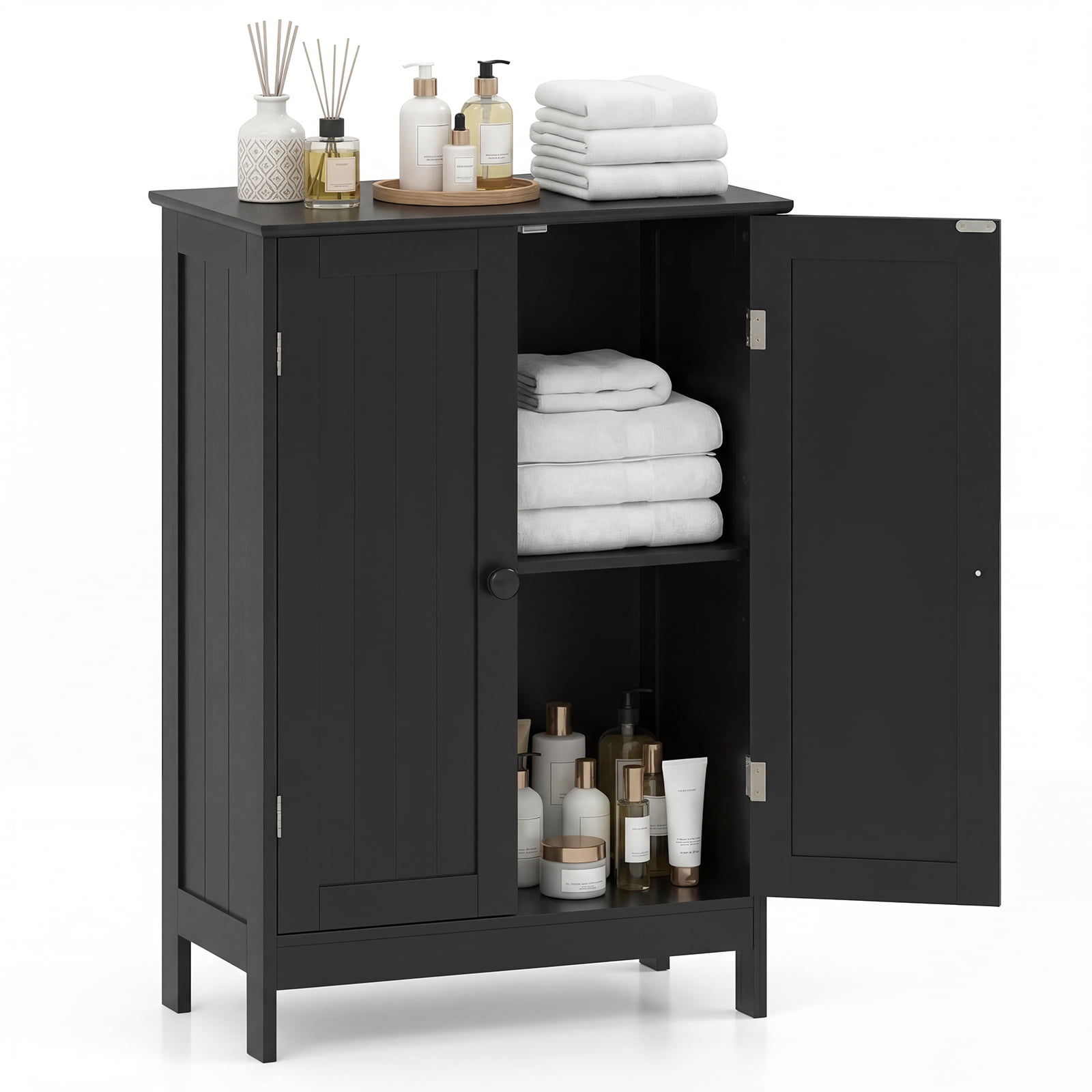 Gymax Bathroom Storage Cabinet Freestanding Wooden Floor Cabinet w/ Double Doors Black