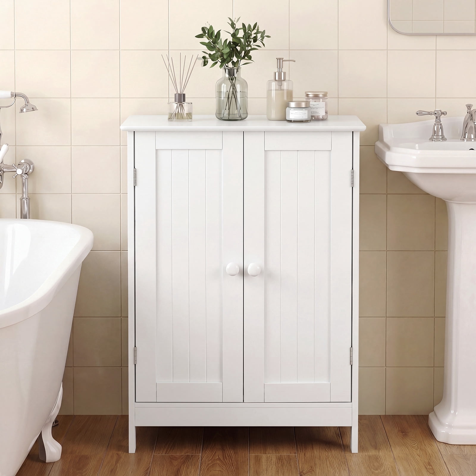 Gymax Bathroom Storage Cabinet Freestanding Wooden Floor Cabinet w/ Double Doors White