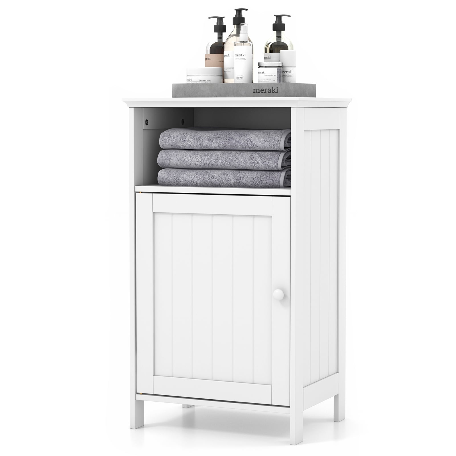 Gymax Bathroom Floor Storage Cabinet Side Table Adjustable Shelf Organize Freestanding