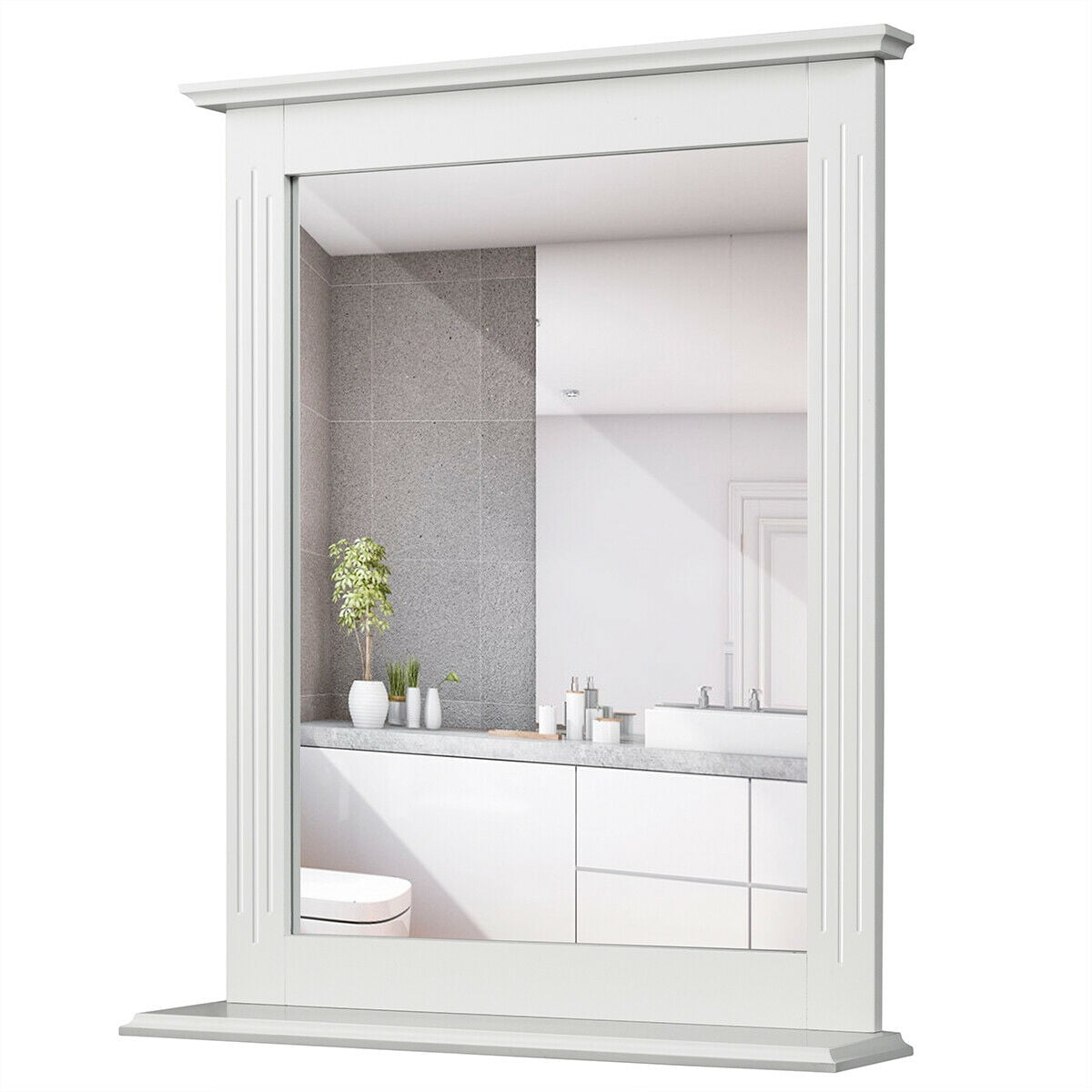 Gymax Bathroom Makeup Mirror Multipurpose Usage Wall Mirror w/ Shelf Square Vani