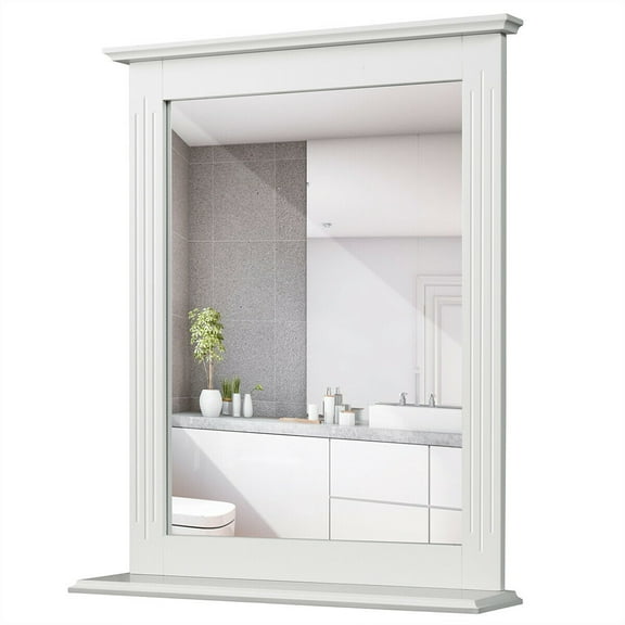 Gymax Bathroom Makeup Mirror Multipurpose Usage Wall Mirror w/ Shelf Square Vani
