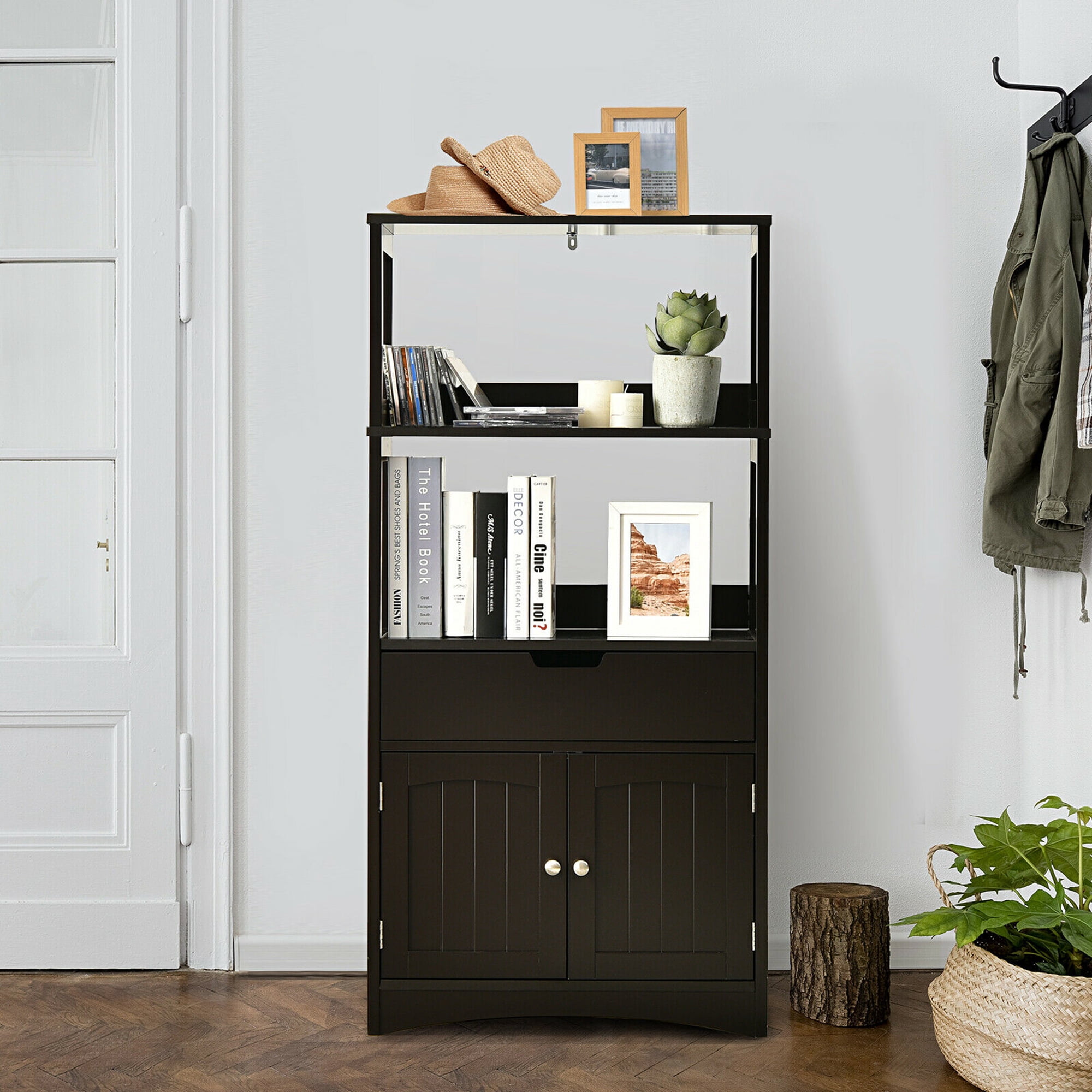 Gymax Bathroom Storage Cabinet Shelf Cupboard Floor Cabinet w/Drawer Espresso