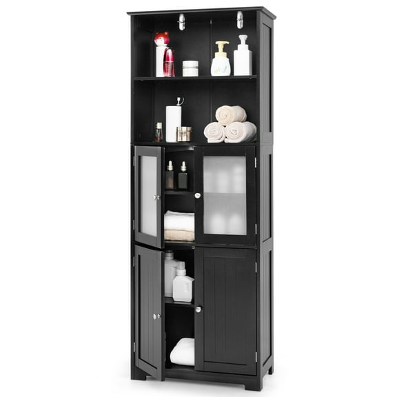 Gymax Bathroom Tall Storage Cabinet Linen Tower w/ Glass Door & Adjustable Shelf Black