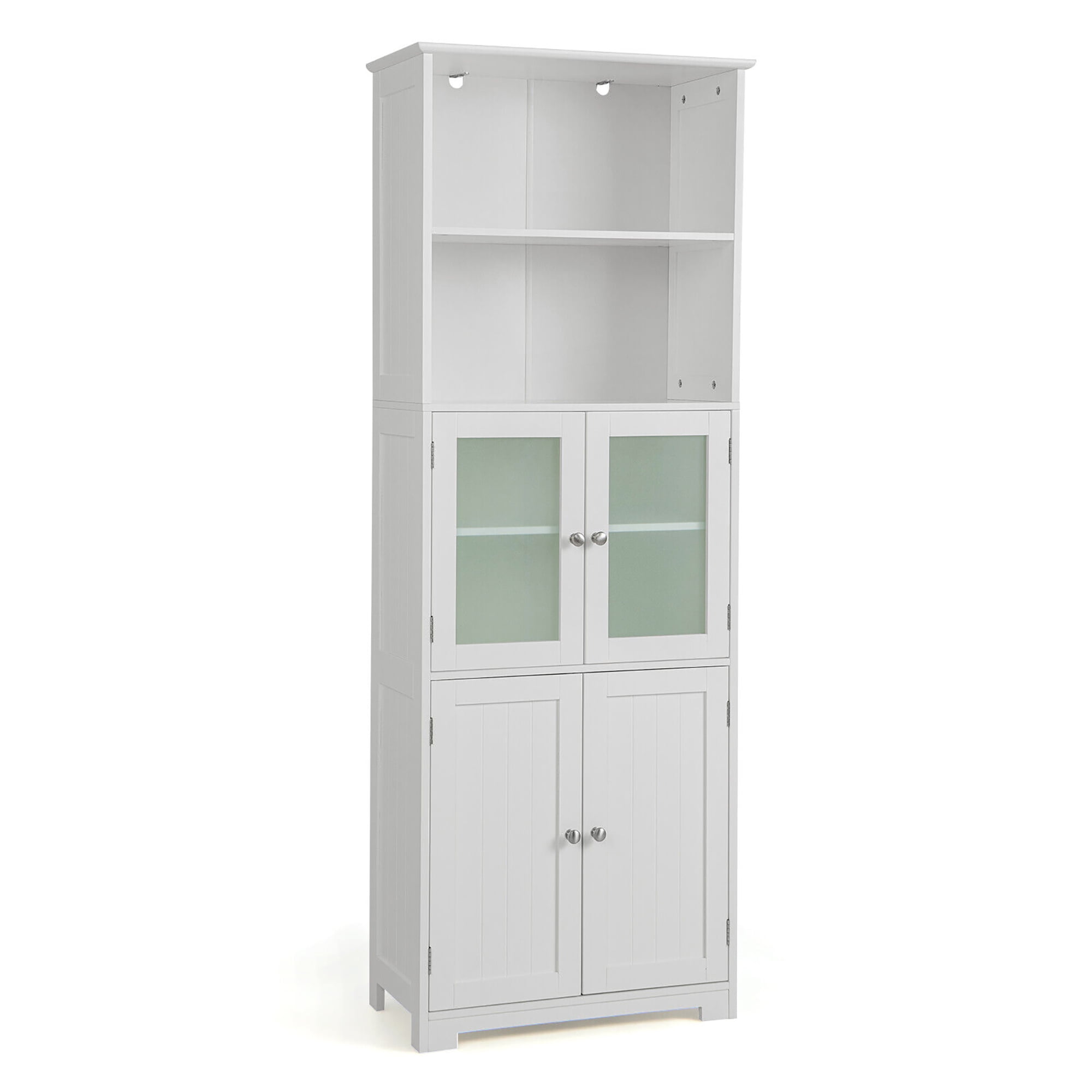 Gymax Bathroom Tall Storage Cabinet Linen Tower w/ Glass Door & Adjustable Shelf White