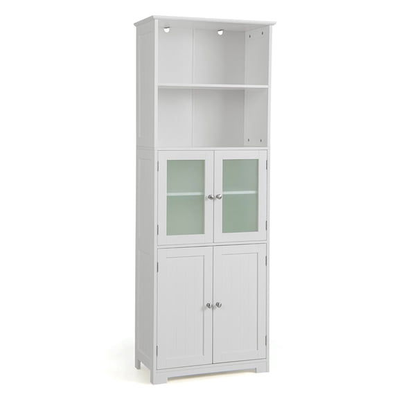 Gymax Bathroom Tall Storage Cabinet Linen Tower w/ Glass Door & Adjustable Shelf White