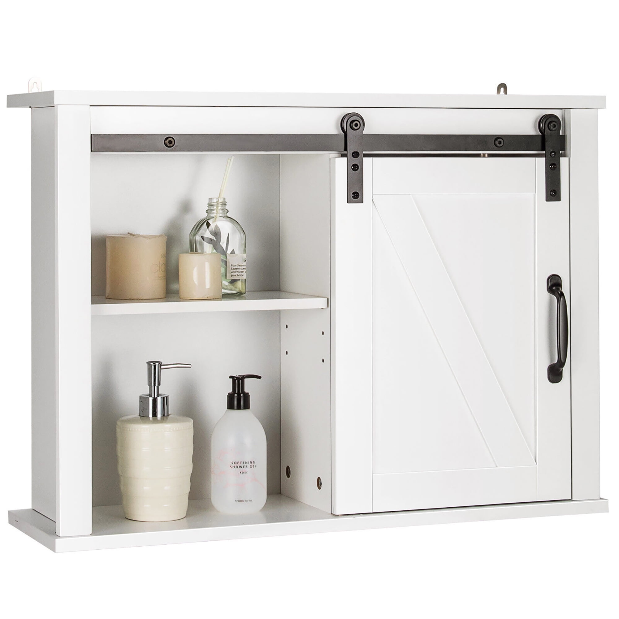 Gymax Bathroom Wall Bathroom Storage Cabinet w/ 2 Adjustable Shelves&Sliding Barn Door