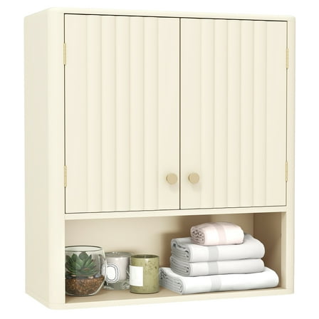 Gymax Bathroom Wall Cabinet w/Fluted Doors Adjustable Shelf Open Storage Cube Beige