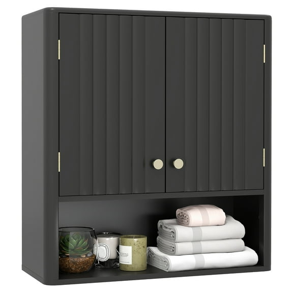 Gymax Bathroom Wall Cabinet w/Fluted Doors Adjustable Shelf Open Storage Cube Black