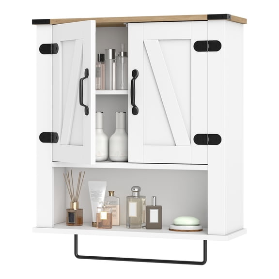 Gymax Bathroom Wall Cabinet w/ Towel Bar Barn Doors & Adjustable Shelf for Laundry Natural & White