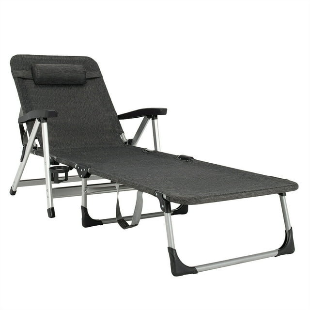 Gymax Beach Chaise Lounge Chair Patio Folding Recliner w/ 7 Adjustable Positions Grey