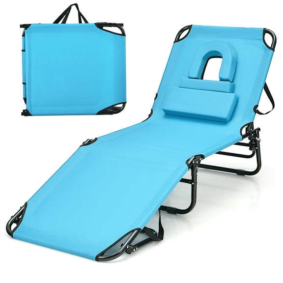 Gymax Beach Chaise Lounge Chair w/ 5-Position Adjustable Backrest & Face Hole Pillows