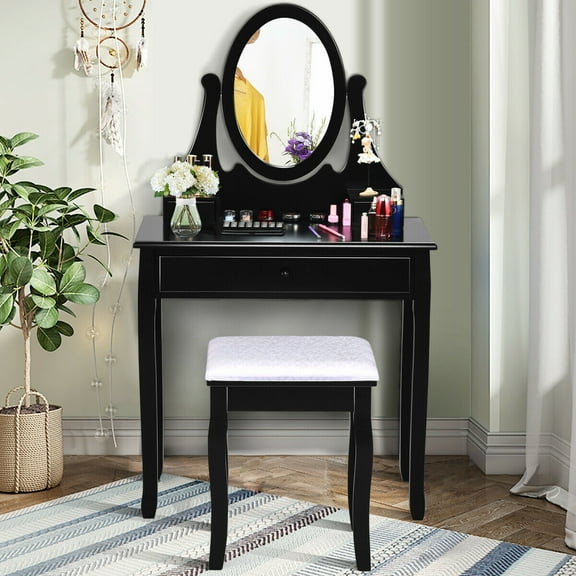 Gymax Bedroom Wooden Mirrored Makeup Vanity Set Stool Table Set Black