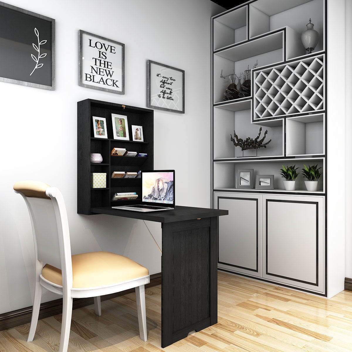 Gymax Black Wall Mounted Fold-Out Convertible Floating Desk Space Saver Writing Table