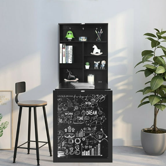 Gymax Black Wall Mounted Table Fold Out Convertible Desk with A Blackboard/Chalkboard