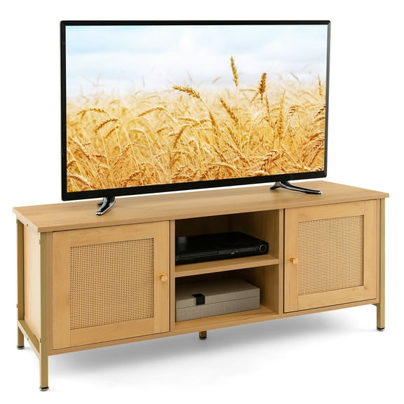 Gymax Boho TV Stand for TV up to 55'' w/ Faux Rattan Door Side Cabinet & Open Shelf