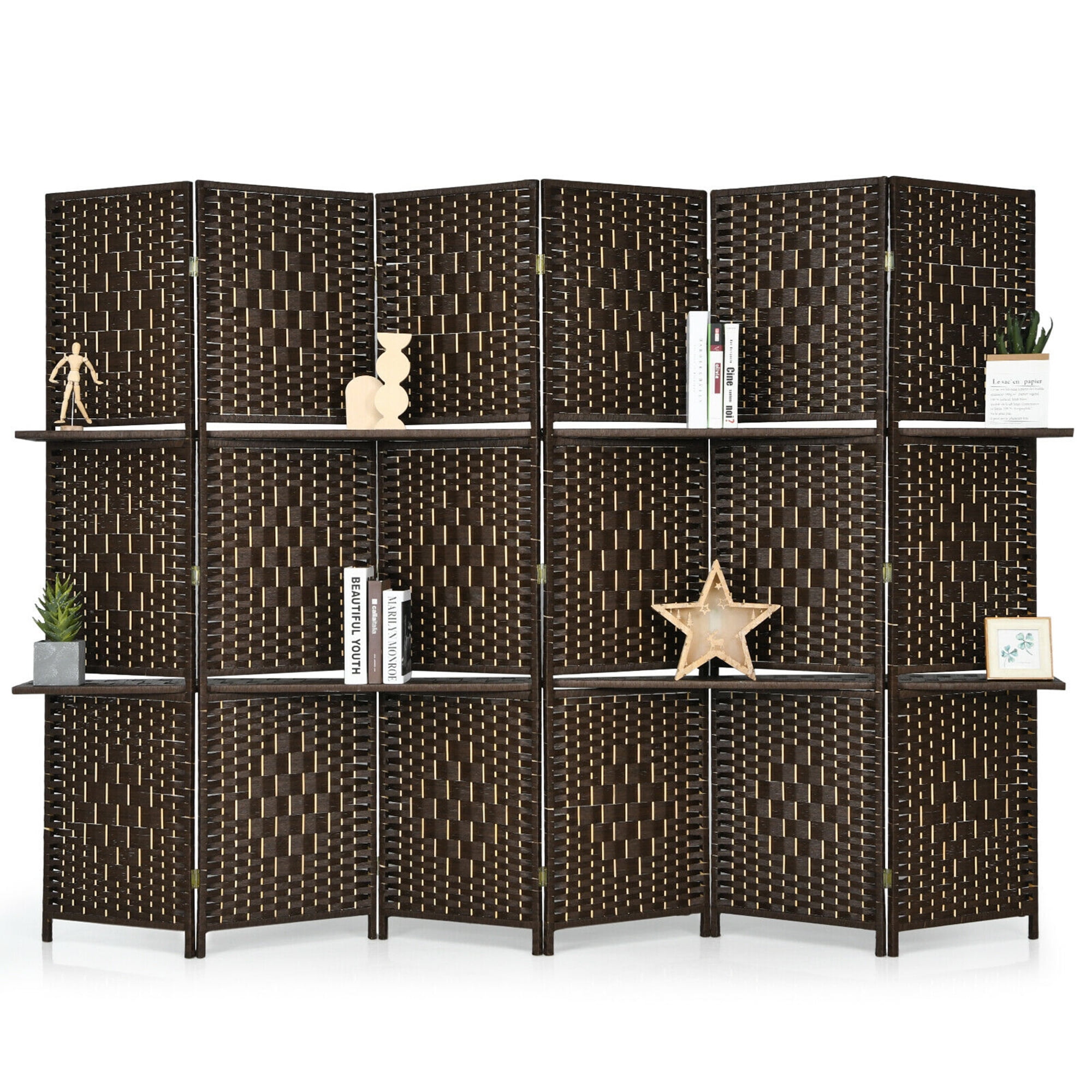 Gymax Brown 6 Panel Folding Room Divider 6Ft Weave Fiber Screen W/ 2 Display Shelves