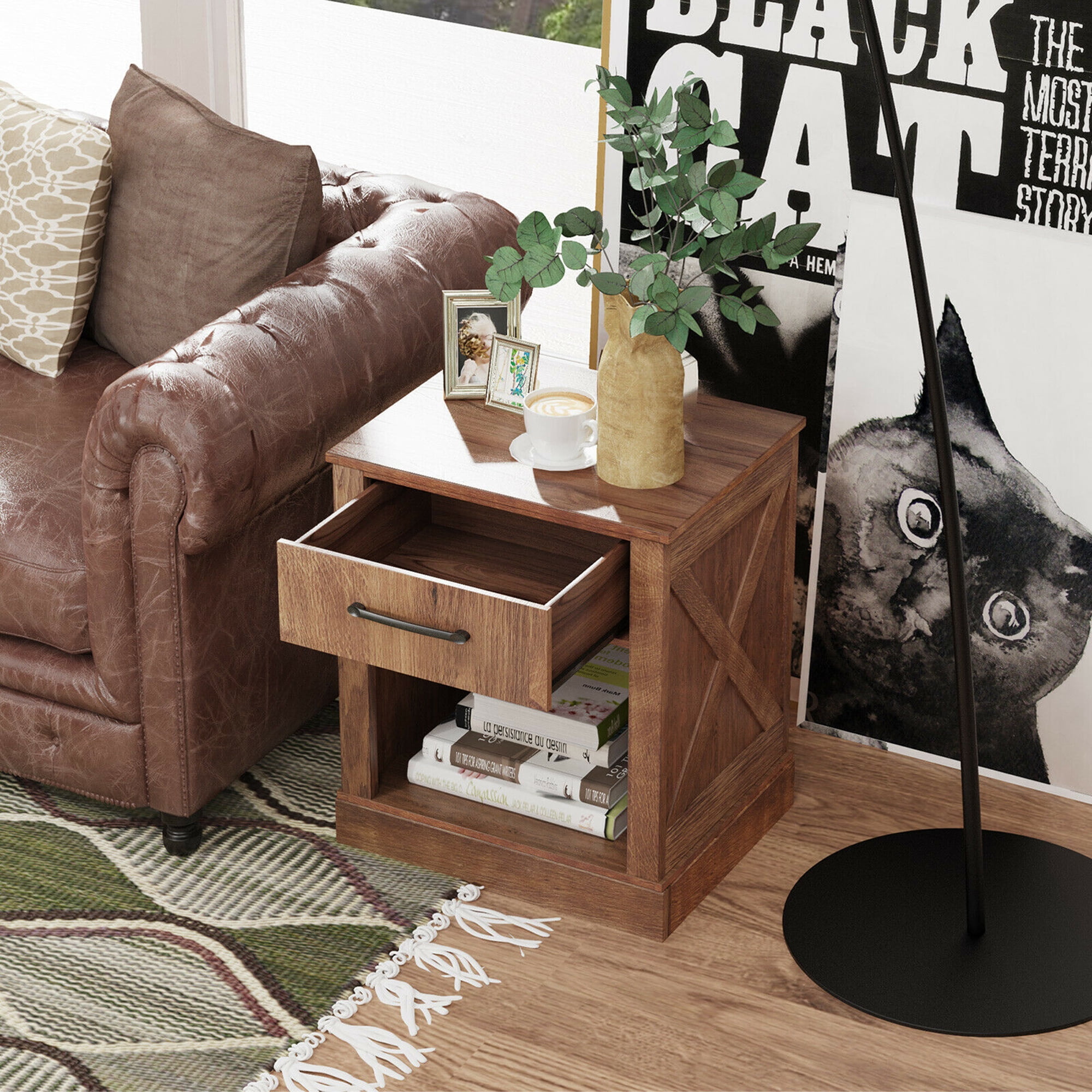 Gymax Brown Nightstand with Drawer and Shelf Rustic Wooden Bedside Table Bedroom