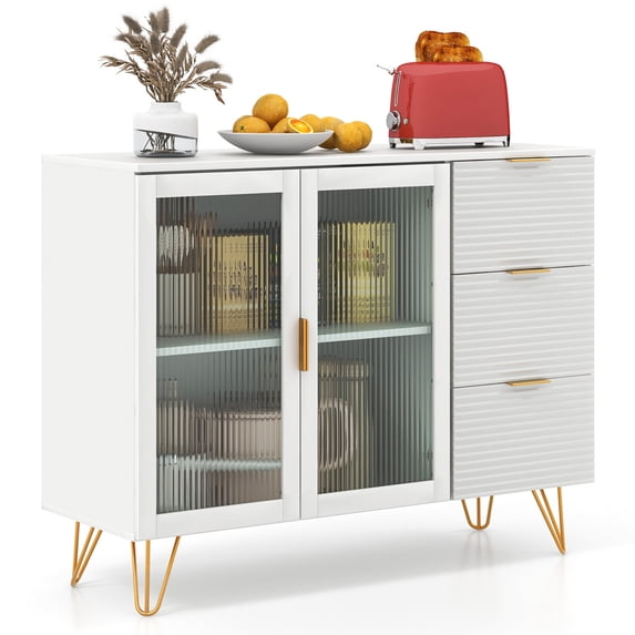 Gymax Buffet Server Sideboard w/ 2 Tempered Glass Doors & 3 Drawers for Kitchen White