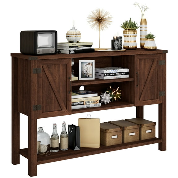 Gymax Buffet Sideboard Storage Cupboard Console Table w/ Open Shelf & Side Cabinets Brown