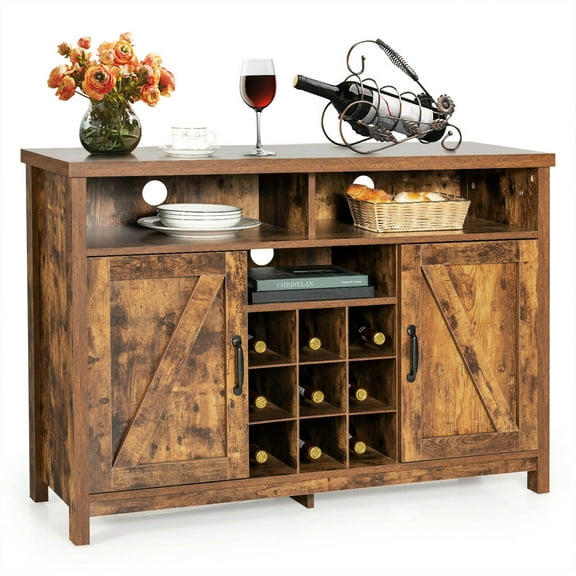 Gymax Buffet Storage Cabinet Farmhouse Sideboard w/9-Bottle Wine Rack & 2 Doors Rustic