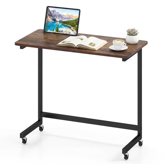 Gymax C-Shaped Rolling Side Table w/ Wheels & Tablet SlotMetal FrameRustic Brown