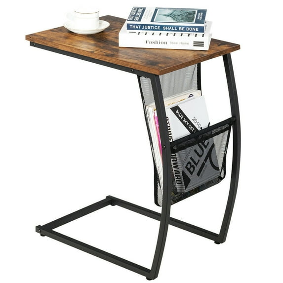 Gymax C-shaped End Side Sofa Table Vintage Accent Snack Laptop Tablet w/ Side Pocket
