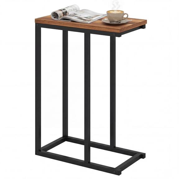 Gymax C-shaped End Table w/Adjustable Foot Pads Small Snack Table for Living Room Rustic Brown