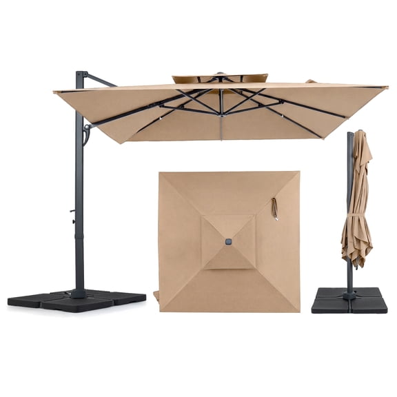 Gymax Cantilever Umbrella w/220 LBS BaseLarge Offset Hanging Umbrella w/360-Degree Rotation Tan