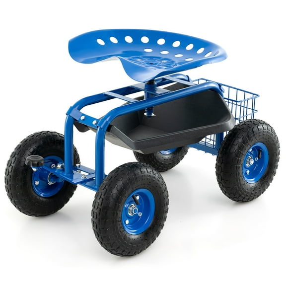 Gymax Cart Wagon Rolling Work Seat w/ Tool Tray Basket Planting Patio Blue